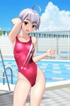  1girl absurdres ahoge blue_sky breasts clothes_writing cloud commentary_request competition_swimsuit contrapposto covered_navel day grey_hair highleg highleg_swimsuit highres lane_line one-piece_swimsuit original outdoors pool pool_ladder poolside red_eyes red_one-piece_swimsuit short_hair sky small_breasts smile solo string_of_flags swimsuit takafumi tomboy variant_set 