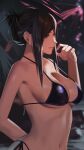  1girl alternate_costume arm_behind_back bikini black_bikini black_hair blurry blurry_background breasts english_commentary final_fantasy final_fantasy_vii final_fantasy_vii_rebirth final_fantasy_vii_remake from_side hand_up highres j@ck large_breasts looking_ahead navel night night_sky official_alternate_hairstyle outdoors palm_leaf sidelocks sky smile swimsuit tifa_lockhart 