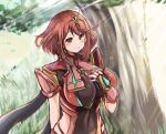  bangs black_gloves breasts chest_jewel earrings fingerless_gloves gloves grass highres jewelry kurokaze_no_sora large_breasts pyra_(xenoblade) red_eyes red_hair red_legwear short_hair solo sunlight swept_bangs thighhighs tiara tree xenoblade_chronicles_(series) xenoblade_chronicles_2 