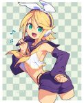  1girl :d armpits blonde_hair checkered_background commentary_request detached_sleeves green_eyes hairband holding holding_microphone kagamine_rin looking_at_viewer metata microphone midriff music navel open_mouth purple_hairband purple_sailor_collar purple_shorts purple_sleeves sailor_collar short_hair shorts singing smile solo thighs vocaloid white_hairband 