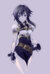 1girl armor belt black_hair breastplate fire_emblem fire_emblem:_genealogy_of_the_holy_war gloves holding holding_sword holding_weapon larcei_(fire_emblem) looking_at_viewer purple_eyes purple_tunic saneatsu sheath sheathed short_hair shoulder_armor sidelocks simple_background smile solo sword tomboy tunic weapon 