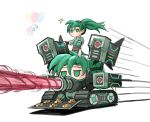  2girls baking_sheet balloon caterpillar_tracks chibi cookie english_commentary fire_emblem fire_emblem:_the_blazing_blade florina_(fire_emblem) food gloves green_eyes green_hair ground_vehicle highres jitome laser_beam long_hair lyn_(fire_emblem) military military_vehicle motor_vehicle multiple_girls no_mouth ponytail saiykik simple_background solo_focus speed_lines tank tray what white_background 