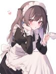 1girl :o apron black_dress blush brown_hair commentary_request cup dress frilled_apron frills hand_on_own_cheek hand_on_own_face haruta_333_x head_rest heart highres holding holding_cup juliet_sleeves long_hair long_sleeves looking_at_viewer maid maid_apron maid_headdress one_side_up open_mouth original puffy_sleeves red_eyes revision simple_background sitting solo teacup two_side_up white_apron white_background 