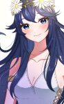  1girl armlet bare_shoulders blue_eyes blue_hair blush brand_of_the_exalt breasts cleavage closed_mouth collarbone dress fire_emblem fire_emblem_awakening fire_emblem_heroes flower gmais2514 hair_flower hair_ornament long_hair lucina_(fire_emblem) lucina_(valentine)_(fire_emblem) official_alternate_costume sleeveless sleeveless_dress small_breasts smile solo symbol_in_eye upper_body white_background white_dress 
