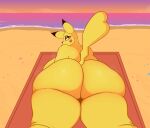  anthro beach big_butt biped blepwep breasts butt eyelashes female fur generation_1_pokemon hi_res huge_butt looking_at_viewer looking_back lying nintendo nude on_front pikachu pokemon pokemon_(species) pupils thick_thighs yellow_body yellow_fur 