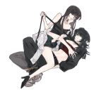  2girls afkonxmikasa anger_vein aqua_eyes bang_dream! bang_dream!_it&#039;s_mygo!!!!! black_footwear black_hair black_jacket black_pants black_shorts black_tank_top blue_eyes bound bound_legs breasts brown_hair collar collarbone commentary full_body girl_on_top hand_on_another&#039;s_face high_heels highres holding holding_leash jacket leash lip_piercing long_hair lying medium_breasts multiple_girls on_back open_clothes open_jacket oppai_loli pants piercing purple_eyes red_shirt shiina_taki shirt shoes shorts simple_background tank_top toned_female unworn_shoes white_background white_shirt yahata_umiri yuri 