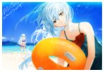  2girls bare_shoulders beach bikini blue_bikini blue_hair blue_sky brown_eyes colored_inner_hair crossed_arms day dress g11_(girls&#039;_frontline) girls&#039;_frontline hair_ornament highres hk416_(girls&#039;_frontline) long_hair looking_at_viewer mountain multicolored_hair multiple_girls mush ocean outdoors sky sleeveless sleeveless_dress solo_focus swimsuit 