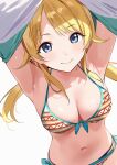  1girl armpits arms_up bikini blonde_hair blue_eyes breasts closed_mouth collarbone commentary hachimiya_meguru highres idolmaster idolmaster_shiny_colors kinjin large_breasts layered_bikini long_hair looking_at_viewer navel smile solo stomach swimsuit undressing 