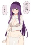  1girl blush breasts cleavage frieren highres hikentai0112 long_hair looking_at_viewer meme_attire navel partially_translated purple_eyes purple_hair simple_background sousou_no_frieren translation_request virgin_killer_sweater white_background 