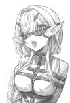  1girl blindfold bound bound_arms breasts greyscale highres horns large_breasts leon_v long_braid long_hair monochrome open_mouth original pointy_ears simple_background sketch solo straitjacket teeth upper_body 