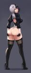  1girl 2b_(nier:automata) 2b_(nier:automata)_(cosplay) absurdres ass back_cutout black_footwear black_gloves black_hair black_thighhighs boots breasts clothing_cutout cosplay feather-trimmed_sleeves from_behind full_body gloves grey_background grin hands_on_own_ass high_heel_boots high_heels highres hololive hololive_english iceringer juliet_sleeves large_breasts leotard long_hair long_sleeves looking_back multicolored_hair nier:automata nier_(series) puffy_sleeves shiori_novella simple_background skindentation smile solo split-color_hair standing thigh_boots thighhighs thighhighs_under_boots two-tone_hair virtual_youtuber white_hair white_leotard yellow_eyes 