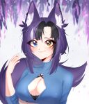  1girl animal_ear_fluff animal_ears artist_name awful_queen_(vtuber) bad_source bra breasts fox_ears fox_girl heterochromia highres indie_virtual_youtuber large_breasts looking_at_viewer mole mole_under_eye monster_girl purple_hair rapf short_hair underwear 