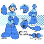  1boy :/ android ariga_hitoshi arm_cannon arm_up armor artist_name blue_armor blue_footwear blue_helmet bodysuit boots checkered_background commentary_request concept_art facing_viewer from_behind full_body green_eyes helmet highres joints looking_to_the_side mechanical_parts mega_buster mega_man_(character) mega_man_(classic) mega_man_(series) multiple_views no_humans outstretched_arm reference_sheet robot robot_joints science_fiction signature simple_background standing thigh_boots turnaround weapon white_background 