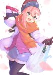  1girl :d backpack bag bangs beanie black_gloves black_legwear blue_eyes blue_shorts blurry blurry_foreground blush cowboy_shot dot_nose falling_petals file112056 gloves hair_between_eyes hat highres holding holding_bag jacket kagamihara_nadeshiko long_hair long_sleeves looking_to_the_side open_clothes open_jacket open_mouth orange_scarf outstretched_arms pantyhose petals pink_hair pink_shirt plastic_bag scarf shirt shorts simple_background smile solo upper_teeth white_background white_jacket yurucamp 