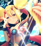  1girl blonde_hair breasts dlllll_lllllb hand_on_own_face highres holding horns lightning looking_at_viewer pointy_ears small_breasts solo upper_body xenoblade_chronicles_(series) xenoblade_chronicles_2 yellow_eyes 