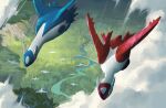  blue_wings bly_mead cloud dragon flying grass highres latias latios midair no_humans pokemon pokemon_(creature) red_eyes red_wings wings wingull yellow_eyes 