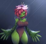  absurd_res big_breasts breasts elemental_creature elemental_humanoid elfdrago eyes_closed female flora_fauna flower green_body hair hi_res humanoid nipple_outline plant plant_humanoid raining red_hair smile solo thick_thighs venus_(azupazu) 