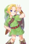  5_fingers belt blue_eyes clothing elf eunjuragi fingers footwear hi_res humanoid humanoid_pointy_ears hylian light_body light_skin male nintendo not_furry ocarina_of_time signature simple_background solo the_legend_of_zelda young_link 