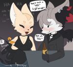  2024 aggretsuko alcohol alcohol_bottle anthro beverage black_clothing blush bottle braixen breasts butt butt_grab canid canine cheek_tuft choker cleavage clothed clothing collar container cup dialogue digital_media_(artwork) dress duo ear_piercing emanata facial_tuft fangs female fennec_fox fenneko fox fur generation_6_pokemon glass glass_container glass_cup grabbing_from_behind grey_body grey_fur grin grope hair hand_on_butt hi_res inner_ear_fluff jacket jewelry looking_at_another male male/female mammal myxen necklace nintendo open_mouth piercing pokemon pokemon_(species) sanrio simple_background smile speech_bubble spiked_collar spikes tail tan_body tan_fur teeth tongue topwear true_fox tuft white_body white_fur whitev 