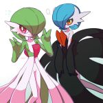  ... black_dress black_gloves blue_hair blush bob_cut colored_skin dress elbow_gloves gardevoir gloves green_hair hair_over_one_eye mega_gardevoir mega_pokemon miuta multicolored_skin orange_eyes pink_eyes pokemon pokemon_(creature) simple_background smile strapless strapless_dress two-tone_skin white_background white_dress white_skin 