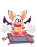  anthro armwear bat bow_tie breasts clothing elbow_gloves english_text eyeshadow female fur gloves handwear hi_res kashink7 makeup mammal rouge_the_bat sega simple_background smile solo sonic_the_hedgehog_(series) sound_effects tan_body tan_skin text white_body white_fur wings 