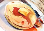  absurdres butter cup food food_focus highres knife maple_syrup no_humans original pancake pancake_stack plate suke_(sk_srn) syrup 