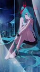  1girl absurdres aqua_eyes aqua_hair aqua_nails aqua_necktie arm_tattoo artist_name bare_arms bare_legs bare_shoulders barefoot black_skirt breasts cityscape collared_shirt commentary_request cz_(mikumikumi) feet full_body grey_shirt hair_between_eyes hand_up hatsune_miku head_rest head_tilt highres indoors long_hair looking_at_viewer medium_breasts miniskirt nail_polish necktie night night_sky number_tattoo panties pantyshot red_ribbon reflection ribbon shirt sidelocks sitting skirt sky sleeveless sleeveless_shirt smile solo striped_clothes striped_panties tattoo tie_clip toenail_polish toenails toes transparent_curtains twintails underwear unworn_necktie very_long_hair vocaloid white_panties window wristband 