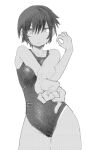  1girl collarbone competition_swimsuit dithering ero_kingdom_ceo flexing greyscale highres looking_at_viewer monochrome one-piece_swimsuit original short_hair simple_background solo standing swimsuit 