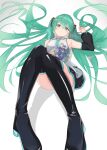  1girl absurdres aqua_necktie armpits bare_shoulders black_thighhighs boots bouquet breasts closed_mouth collared_shirt commentary_request detached_sleeves foreshortening full_body green_eyes green_hair grey_background grey_shirt hand_up hatsune_miku highres long_hair looking_at_viewer lying miku_day necktie on_back ruha_(ruha12haru) shirt simple_background sleeveless sleeveless_shirt small_breasts solo thigh_boots thighhighs twintails very_long_hair vocaloid 