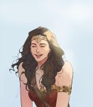  1girl ^_^ armlet armor bare_shoulders brown_hair circlet closed_eyes dc_comics huangdanlan light_blue_background long_hair open_mouth simple_background smile solo superhero_costume teeth upper_body upper_teeth_only wonder_woman wonder_woman_(series) 