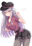 1girl absurdres artist_logo black_hat black_skirt breasts collared_shirt gangut_(kancolle) gangut_dva_(kancolle) grey_hair grey_pantyhose hat highres hizaka kantai_collection large_breasts long_hair one-hour_drawing_challenge pantyhose pleated_skirt red_eyes red_shirt shirt short_sleeves simple_background skirt solo white_background 