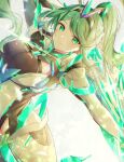  1girl armor blush breasts chest_jewel earrings green_eyes green_hair hair_ornament headpiece highres jewelry large_breasts long_hair looking_at_viewer pneuma_(xenoblade) ponytail smile solo swept_bangs tiara ui_frara very_long_hair xenoblade_chronicles_(series) xenoblade_chronicles_2 