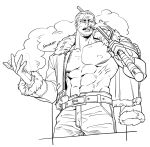  1boy bare_pectorals beard_stubble belt character_name chinese_commentary cigar commentary_request cowboy_shot facial_hair fur-trimmed_jacket fur_trim gloves highres holding holding_weapon jacket jitte large_pectorals looking_at_viewer male_focus muscular muscular_male mush820823 one_piece pants pectorals short_hair simple_background smoke smoker_(one_piece) solo stitched_face stitches stubble undercut weapon 