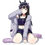  1girl animal_print black_hair blush cardigan frilled_shorts frills highres hikentai0112 hime_cut kneehighs long_hair loungewear mask mask_on_head navel nijisanji one_eye_closed parted_lips purple_eyes purple_socks rabbit_print shorts sitting sleep_mask slippers socks solo tsukino_mito tsukino_mito_(loungewear) virtual_youtuber wariza 