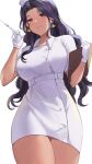  1girl absurdres bad_source black_hair breasts clipboard closed_mouth collared_dress dark-skinned_female dark_skin dobure18 dress earrings gloves gold_earrings hat highres holding holding_clipboard holding_syringe jewelry long_hair mole mole_under_eye nijisanji nijisanji_en nurse nurse_cap pink_eyes scarle_yonaguni second-party_source solo syringe virtual_youtuber white_dress white_gloves white_hat 