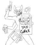 anthro explosives face_mask gemini_the_sergal grenade gun holding_object looking_at_viewer male mask monochrome multi_arm multi_limb penis_tentacles ranged_weapon riot_shield shield solo taking_picture tentacles weapon