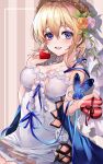  1girl 40_(0f0urw) :d absurdres bangs blonde_hair blue_cape blue_eyes blue_ribbon blush box breasts cape chocolate chocolate_on_breasts chocolate_on_face chocolate_on_fingers commentary_request dress europa_(granblue_fantasy) eyebrows_visible_through_hair flower food food_on_face gift gift_box granblue_fantasy hair_between_eyes hair_flower hair_ornament heart heart-shaped_box highres holding holding_gift holding_heart looking_at_viewer medium_breasts medium_hair open_mouth orange_flower orange_rose pink_flower pink_rose ribbon rose sitting smile solo tiara white_dress 