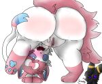  absurd_res alpha_channel anthro big_butt black_body blue_eyes blush bodily_fluids butt butt_slap canid canine clitoral_hood clitoris cute_fangs digital_media_(artwork) duo eeveelution english_text erection female feral fur generation_2_pokemon generation_6_pokemon genital_focus genitals hair hi_res huge_butt looking_at_viewer looking_through looking_through_legs mammal musk needy nintendo nude open_mouth pawpads paws pokemon pokemon_(species) presenting presenting_hindquarters purple_eyes pussy pussy_focus ribbons ribbons_(anatomy) simple_background slap smile smolreapy spanking sweat sylveon tail teeth text thick_thighs tongue transparent_background umbreon vaginal white_body white_fur wide_hips 