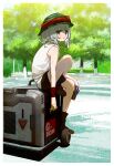  1girl blush boots brown_eyes can g11_(girls&#039;_frontline) girls&#039;_frontline grey_hair hat highres holding holding_can mush open_mouth short_hair shorts sitting solo sweat tree wristband 