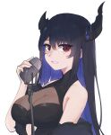  1girl absurdres asymmetrical_horns bare_shoulders black_hair blue_hair blush breasts cleavage colored_inner_hair demon_horns hair_ornament highres hololive hololive_english horns large_breasts long_hair looking_at_viewer microphone microphone_stand mole mole_under_eye multicolored_hair nerissa_ravencroft official_alternate_costume open_mouth red_eyes simple_background smile solo two-tone_hair uneven_horns upper_body very_long_hair virtual_youtuber watercat322 white_background 