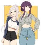  2girls aqua_eyes braid breasts elf fern_(sousou_no_frieren) frieren hand_on_own_hip highres hikentai0112 long_hair looking_at_viewer midriff multiple_girls parted_lips pointy_ears ponytail purple_eyes purple_hair shorts sousou_no_frieren white_hair 