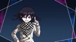  1boy arm_belt belt black_scarf blue_background buttons chain checkered_clothes checkered_scarf commentary_request cowboy_shot crazy_eyes crazy_grin crest danganronpa_(series) danganronpa_v3:_killing_harmony double-breasted hair_between_eyes hand_on_own_hip jacket layered_sleeves long_sleeves looking_at_viewer male_focus multicolored_buttons multiple_belts official_style oma_kokichi outside_border pale_skin parody pointing pointing_up polka_dot polka_dot_background purple_eyes purple_hair scarf short_hair simple_background solo style_parody two-tone_scarf white_belt white_jacket white_scarf white_sleeves yumaru_(marumarumaru) 
