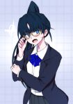  1girl ado_(utaite) bespectacled black_jacket blue_bow blue_bowtie blue_eyes blue_hair blush bow bowtie collared_shirt commentary_request cowboy_shot dress_shirt earclip fang glasses grey_skirt hair_between_eyes jacket long_hair long_sleeves looking_at_viewer naima_(ado) ohiyaglass open_clothes open_jacket open_mouth pleated_skirt school_uniform shirt skin_fang skirt solo usseewa white_shirt 