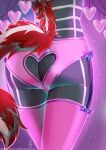 absurd_res anthro anus blackrabbitmi bottomwear butt canid canine clothing exposed_butt female fur grey_body grey_fur hair heart_stream hi_res highlights_(coloring) leggings legwear mammal millie_morrison_(lunaracc) mythological_canine mythological_creature mythology panties pink_clothing pink_panties pink_underwear presenting presenting_hindquarters red_hair simple_background solo straps teasing underwear were werecanid werecanine werewolf white_highlights