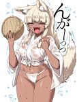  1girl :d ^_^ animal_ears breasts bucket closed_eyes dark-skinned_female dark_skin fangs fox_ears fox_tail fundoshi highres japanese_clothes long_hair navel nekoguchi open_mouth original simple_background smile solo tail trembling wet white_background wooden_bucket 