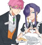  1boy 1girl apron blue_eyes dress earrings food frills gauma gridman_universe gridman_universe_(film) hair_between_eyes hair_bun hair_over_one_eye heart heart_hands jewelry long_hair long_sleeves looking_at_viewer necktie princess_(dynazenon) red_hair risyo scar scar_on_face shirt short_hair smile sunglasses waistcoat waiter waitress 