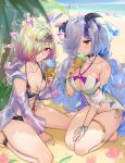  2girls alternate_costume barefoot beach bikini black_bikini black_horns blue_sky blush breasts cleavage closed_mouth collarbone commentary_request eitr_(fire_emblem) fingernails fire_emblem fire_emblem_heroes food food_on_body food_on_face goat_horns gradient_hair green_hair grey_hair hair_ornament hair_over_one_eye haru_(nakajou-28) highres holding holding_food holding_ice_cream_cone horns ice_cream ice_cream_cone jewelry kvasir_(fire_emblem) long_hair medium_breasts multicolored_hair multiple_girls ocean one_eye_covered outdoors palm_tree red_eyes red_hair short_hair sitting sky small_breasts smile swimsuit toes tree very_long_hair water wavy_hair white_bikini 