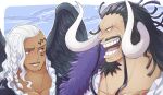  0aoiurn0 2boys beard beard_stubble black_hair black_wings braid close-up coat commentary_request curled_horns facial_hair frilled_shirt frills fur_coat horns kaidou_(one_piece) king_(one_piece) long_hair long_mustache looking_at_another male_focus multiple_boys one_piece purple_coat red_eyes shirt smile stubble white_hair white_horns white_shirt wings 