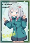  1girl blue_eyes blue_jacket blush bow character_name copyright_name cowboy_shot double_v eromanga_sensei grey_background grey_hair hair_bow hands_up highres izumi_sagiri jacket jako_(jakoo21) long_hair long_sleeves looking_at_viewer open_mouth pink_bow sleeves_past_wrists small_sweatdrop solo sweat v wavy_mouth 