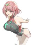  1girl alternate_costume blush breasts competition_swimsuit earrings gem jewelry large_breasts looking_at_viewer mitsugu one-piece_swimsuit pyra_(xenoblade) red_eyes red_hair short_hair simple_background swimsuit thighs tiara white_background xenoblade_chronicles_(series) xenoblade_chronicles_2 